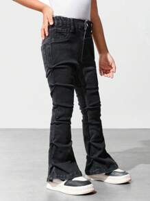SHEIN Explorewe Young Girls' Black Washed Elastic Ruched Flare Leg Jeans - Black - View 2