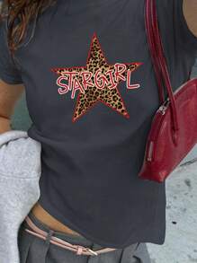 SHEIN EZwear Women's Red Leopard Star Print Y2K T-Shirt, Summer Graphic Tee - Dark Grey - View 1