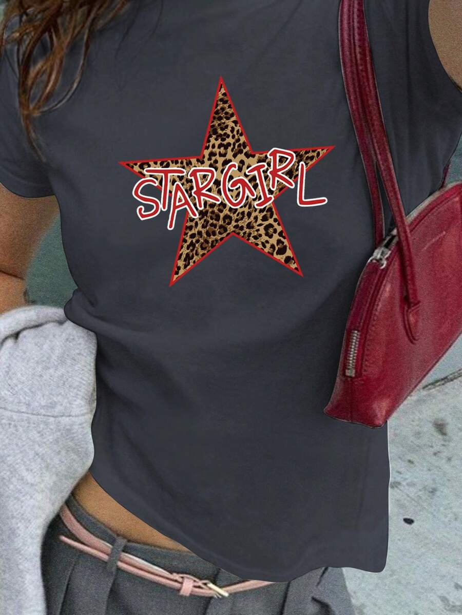 SHEIN EZwear Women's Red Leopard Star Print Y2K T-Shirt, Summer Graphic Tee - Dark Grey - View 1
