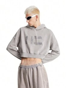 Manfinity VCAY Sudadera con capucha suelta y estampada de tinta lavada con textura de punto para hombre, adecuada para otoño e invierno - Gris Oscuro - Ver 1