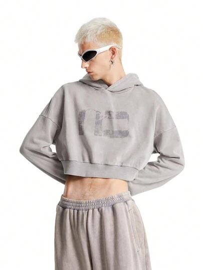 Manfinity VCAY Sudadera con capucha suelta y estampada de tinta lavada con textura de punto para hombre, adecuada para otoño e invierno