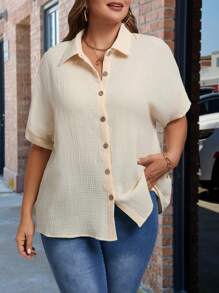 SHEIN LUNE Plus Size Women Solid Color Single Breasted Casual Short Sleeve Shirt, Summer - Apricot - View 6