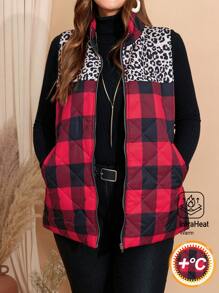 EMERY ROSE Abrigo acolchado con bolsillos, diseño de parches de leopardo y cuadros, talla grande para otoño e invierno