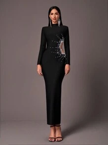 Glamrae 优雅黑色小高领长袖腰侧性感网眼透视立体花卉手工串珠渐变紧身长款重工业晚宴绷带礼服，正式晚会舞会礼服，适合婚礼嘉宾，毕业典礼 - 黑色 - 查看 1