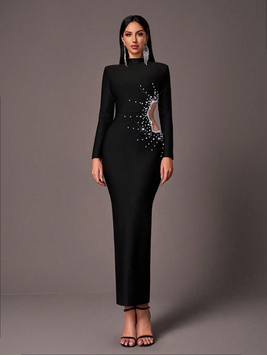 Glamrae 优雅黑色小高领长袖腰侧性感网眼透视立体花卉手工串珠渐变紧身长款重工业晚宴绷带礼服，正式晚会舞会礼服，适合婚礼嘉宾，毕业典礼 - 黑色 - 查看 1