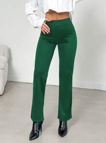 EURMUSE Solid High Waist Wide Leg Pants - Green - View 1