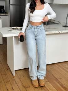 SHEIN Cottnline 100% Cotton HIGH RISE STRAIGHT CUT POCKET DETAIL  LIGHT BLUE JEAN - 657 - Light Wash - View 3