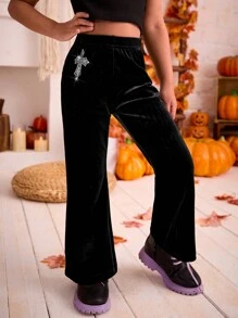 年轻女孩和年轻女孩的黑色水钻喇叭裤，秋季休闲装 - 黑色 - 查看 5