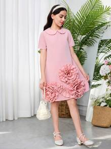 SHEIN Leap Crew Tween Girls Relaxed Fit 3D Floral Decor Peter Pan Collar Short Sleeve Solid Pink A-Line Dress - Pink - View 7