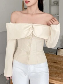 DAZY Women's Elegant Solid Off Shoulder Blazer, Spring And Summer,Fall Clothes Business Attire Cute Tops - Beige - View 5
