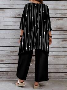 EMERY ROSE Plus Size Black & White Artistic Line Print 3/4 Sleeve Loose Pants 2Pcs Set, Suitable For Autumn/Winter