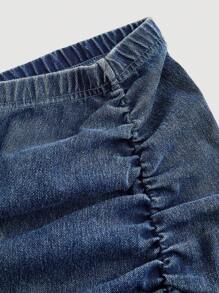 SHEIN MOD 大码褶皱牛仔裙，休闲弹力长牛仔裙 - 藍色 - 查看 3