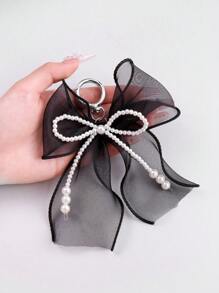 ROMWE Kawaii 2pcs/Set Gothic Style Black Lace Net + White Faux Pearl Bow Decor Keychain And Bag Charm Accessory Set, Fashionable Combo Fit For Sisters, Girlfriends And Friends, Ideal Gift Valentines