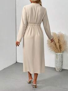 Chiquease Robe décontracté à manches longues et col en V simple de couleur unie pour femme - Nude - Voir 2