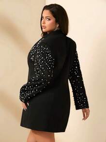 SHEIN BAE Plus Size Fall Black Embellished White Pearl Waist Suit Dress 
 Suitable For Elegant Parties And Commuting To Work - Black - View 2