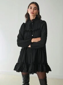Enchnt 女士纯色荷叶边纽扣灯笼袖短款优雅连衣裙，春夏 - 黑色 - 查看 3