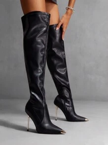 CUCCOO SZL 时尚女鞋 - 黑色金属尖头过膝皮靴，适合秋冬季节，性感修身，通勤、约会、派对等场合皆宜。春季万圣节女巫主题鞋款，春假复活节主题鞋款。 - 黑色 - 查看 6