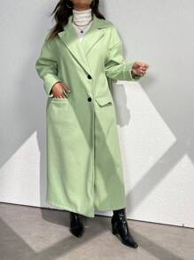 Calvaya Plus Size Green Front Button Long Sleeve Coat With Pockets, For Winter - Mint Green - View 3