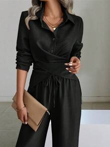 SHEIN Clasi 2pcs Ladies Solid Color Minimalist Daily Use Long Sleeve Top & Pants Set Fall Cloth For Women - Black - View 5