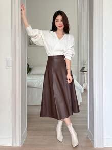 DAZY A-lijn effen PU-rok voor dames, herfstkleding