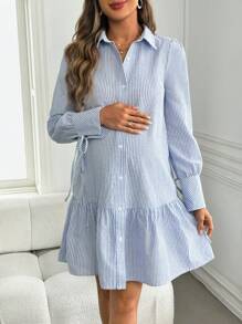 SHEIN Vestido midi de manga larga con cuello polo a rayas para embarazadas, otoño