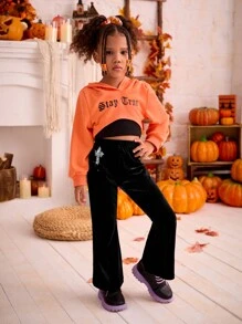 年轻女孩和年轻女孩的黑色水钻喇叭裤，秋季休闲装 - 黑色 - 查看 4