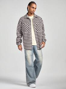 Manfinity VCAY 男士格子印花口袋休闲长袖外套，适合秋冬 - 棕色 - 查看 4