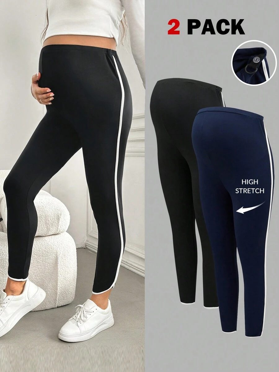 SHEIN سراويل ضيقة للأمهات طول الكاحل بخصر عالٍ قابل للتعديل، طرف منحني مع ربط تباين - متعدد الألوان - مشاهدة 1