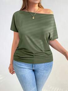 Shapeblank Blusas holgadas y cómodas de cuello de barco verde para mujer talla grande, blusas de verano lindas, blusas para salir, blusas para maestras, blusas curvy, blusas para regreso a clases, blusas para el aeropuerto, blusas de mujer, blusas de manga corta - Verde militar - Ver 7
