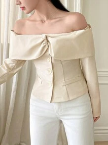 DAZY Women's Elegant Solid Off Shoulder Blazer, Spring And Summer,Fall Clothes Business Attire Cute Tops - Beige - View 3