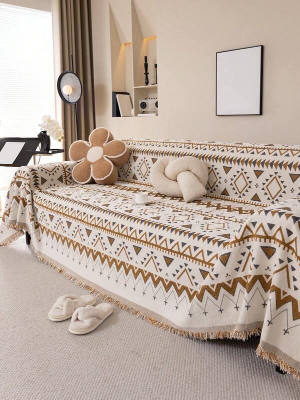 1 pieza Toalla de sofá universal de tecnología jacquard teñida en hilo de chenilla de cuatro estaciones, estilo bohemio, amigable con las mascotas, antiensuciamiento, antideslizante, antipolvo, antirasguños de gato, cubierta de sofá en forma de L y de 1/2/3/4 plazas