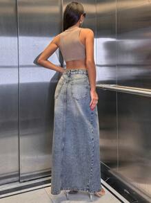 RueChic 100%纯棉硬质低腰染色长款牛仔裙 - 中等水洗藍 - 查看 2