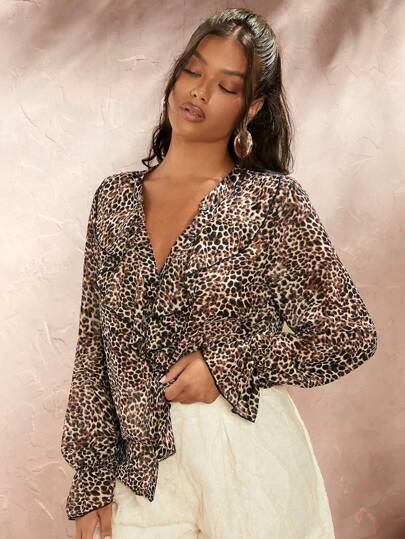 Opulessa Blusa de mujer de manga larga con estampado de leopardo trenzado y ribete de volantes, top informal