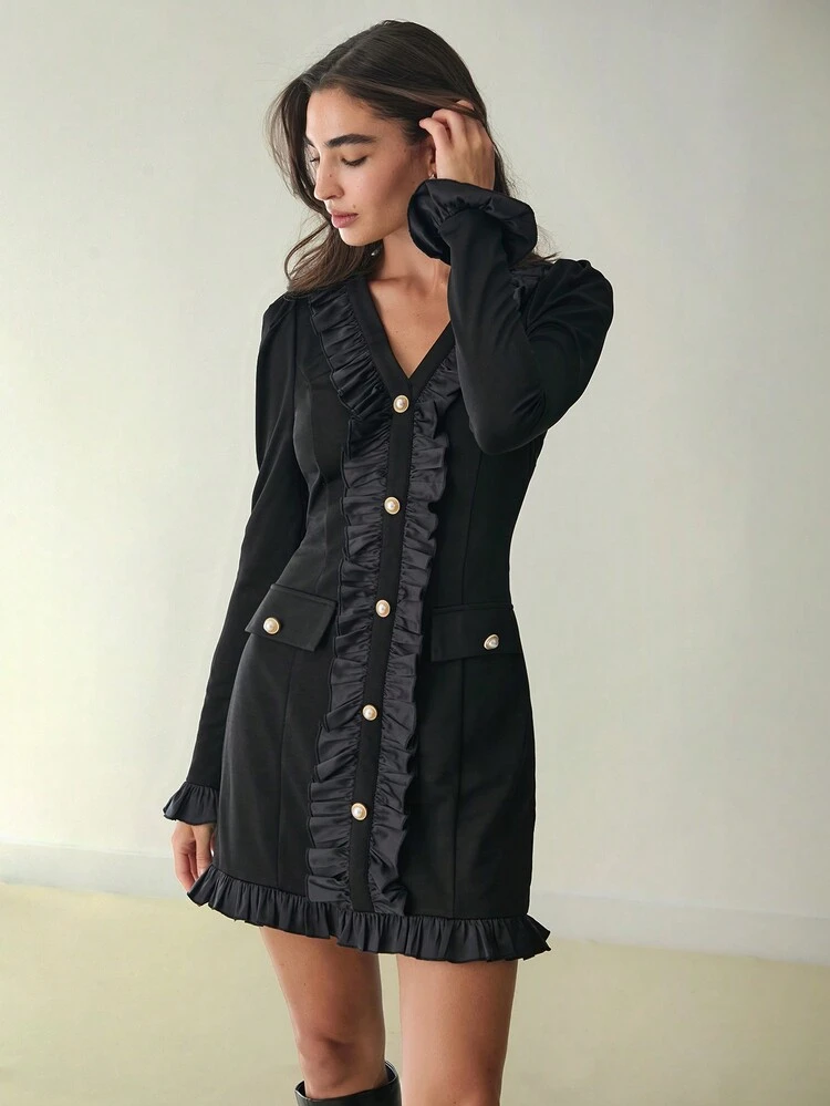 Romantic Autumn Women's Clothing, French Metal Button Frill Trim Casual Short Long-Sleeved V-Neck Dress, Autumn Dress, Autumn And Winter