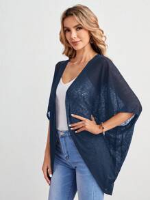 EMERY ROSE Women's Plain Color Batwing Sleeve Loose Casual Open Front Short Jacket, Summer In Fall/Winter - Navy Blue - View 3
