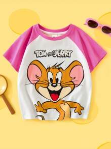 TOM & JERRY X SHEIN Young Girl Cartoon Print Contrast Raglan Sleeve Casual T-Shirt, Summer Graphic Tee