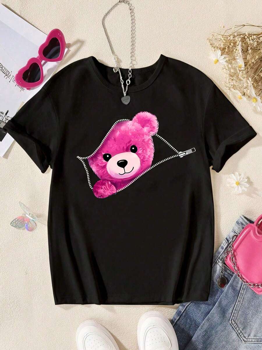 Sparklyn Tween Girl Fashionable Casual Cartoon Bear Print Short Sleeve T-Shirt, Family Matching Outfits Mommy And Me (3 Pieces Sold Separately)