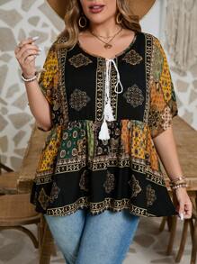 大码女式花卉印花系带荷叶边下摆休闲衬衫 - 黑色 - 查看 6