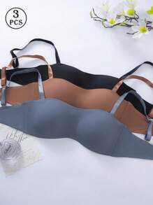 3PCS Wireless Padded Push Up Half Bra Bandeau Bralette With Adjustable Strap - Multicolor - View 4