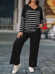 EMERY ROSE Conjunto de 2 piezas de talla grande, casual, con bloque de color y rayas, de manga larga para primavera/otoño