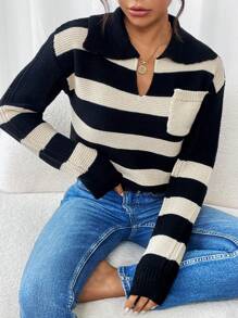 SHEIN LUNE Áo len nữ dài tay cổ bẻ có túi, họa tiết kẻ sọc tối giản, thích hợp mặc thường ngày, áo len chui đầu mùa thu đông. - Nhiều màu - Xem 1