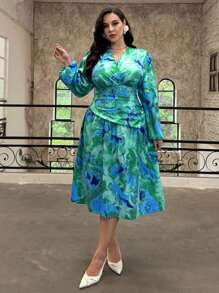 SHEIN Privé Vestido asimétrico con volantes y estampado floral para mujer de talla grande, elegante y romántico estilo francés para el otoño - Multicolor - Ver 1