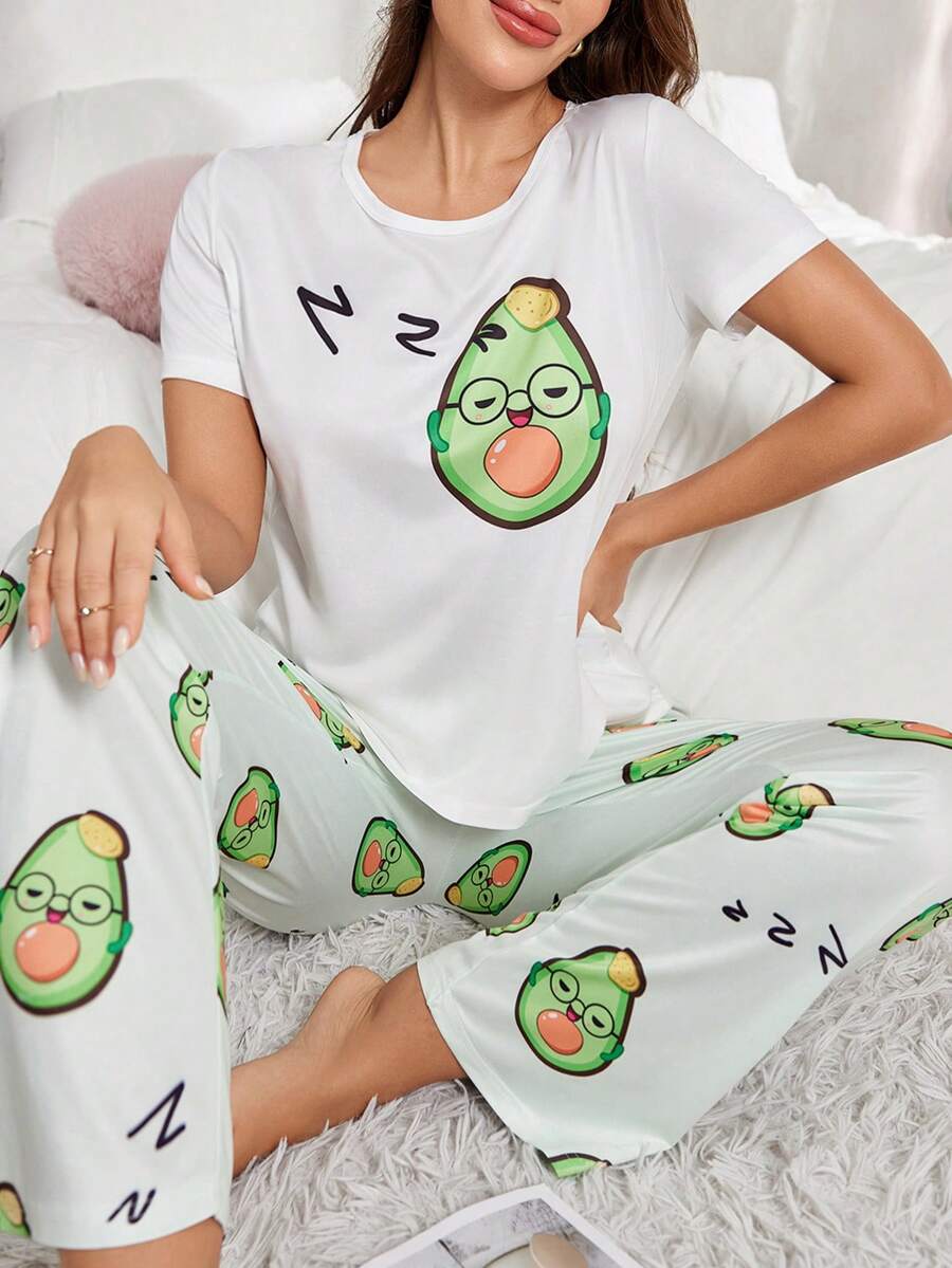 Cute Avocado Print Sleepwear Set For Women - Multicolor - View 1