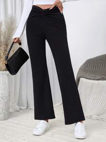 SHEIN LUNE Quần ống loe bó ống loe xoắn phía trước có họa tiết chữ V dành cho nữ - Màu Khaki - Xem 1