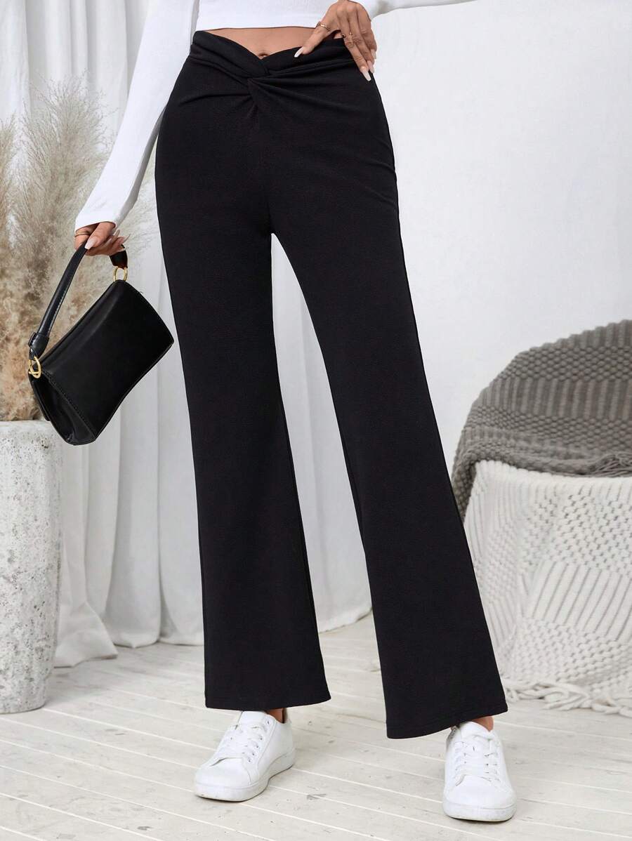 SHEIN LUNE Quần ống loe bó ống loe xoắn phía trước có họa tiết chữ V dành cho nữ - Màu Khaki - Xem 1