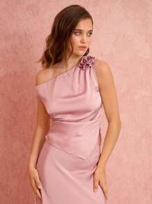 Enchnt Top de tirantes elegante de verano para mujer con decoración floral 3D y cuello asimétrico de unicolor