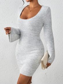 Chiquease Women's Solid Color Simple Everyday Flare Sleeve Pullover Long Dress Fall Cloth For Women - Grey - View 5