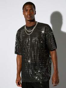 AKNOTIC Business Casual 1pc Men Y2K Funny Casual Fit High Street Vintage Style Party Sequin Short Sleeve T-Shirt, Halloween, Boyfriend Gift, Summer - Black - View 4