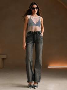 Anewsta Áo lưới co giãn nhiều lớp đính pha lê - Xám - Xem 4