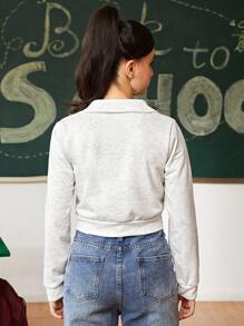 SHEIN Y2K Style Cropped Zip-Up Sweatshirt With Ruching For Teenage Girls - Light Grey - View 2